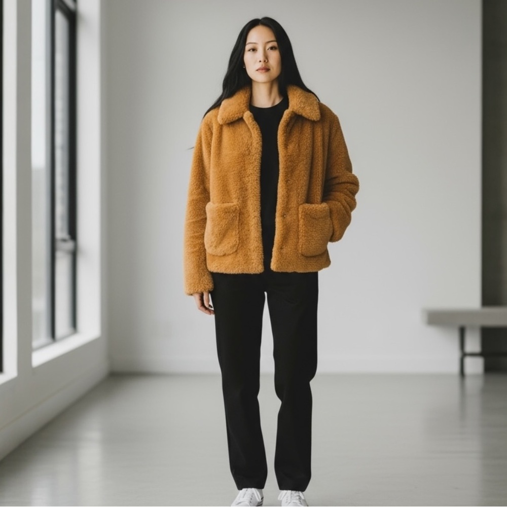 Divided by H&M Faux Fur Teddy Jacket in Orange/Tan Size Small